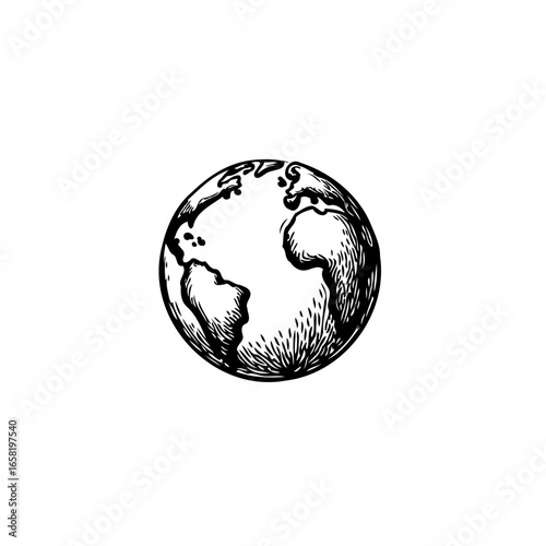 Earth drawing in black and white, representing our world, planet earth globe, geography sketch