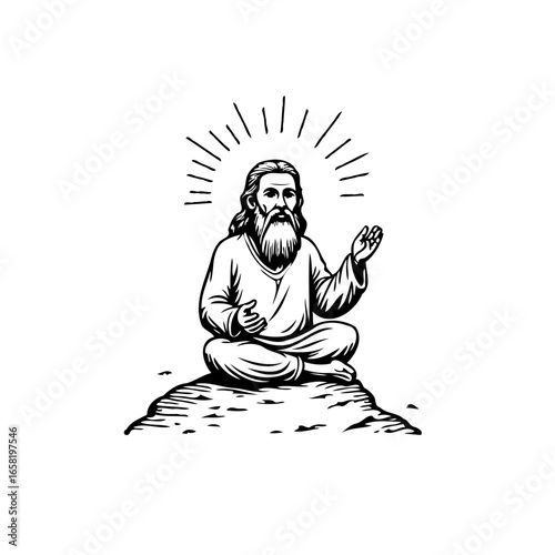 Enlightened guru meditating peacefully illustration with radiating aura and cross-legged pose over a mountain symbolic journey