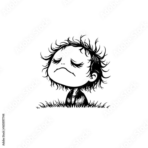 Grumpy child cartoon vector character illustration expressing sadness and discontentment with messy hair and facial expression