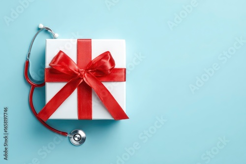 A white gift with red ribbon  red stethoscope on a light blue backdrop