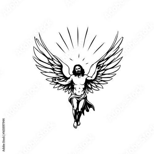 Artistic depiction showing biblical angelic figure wings spreading light drawing a symbol of divinity and triumph
