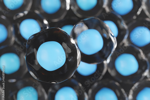 Obraz na plátně Glowing blue cores enclosed by spherical transparent fluid to resemble egg cells