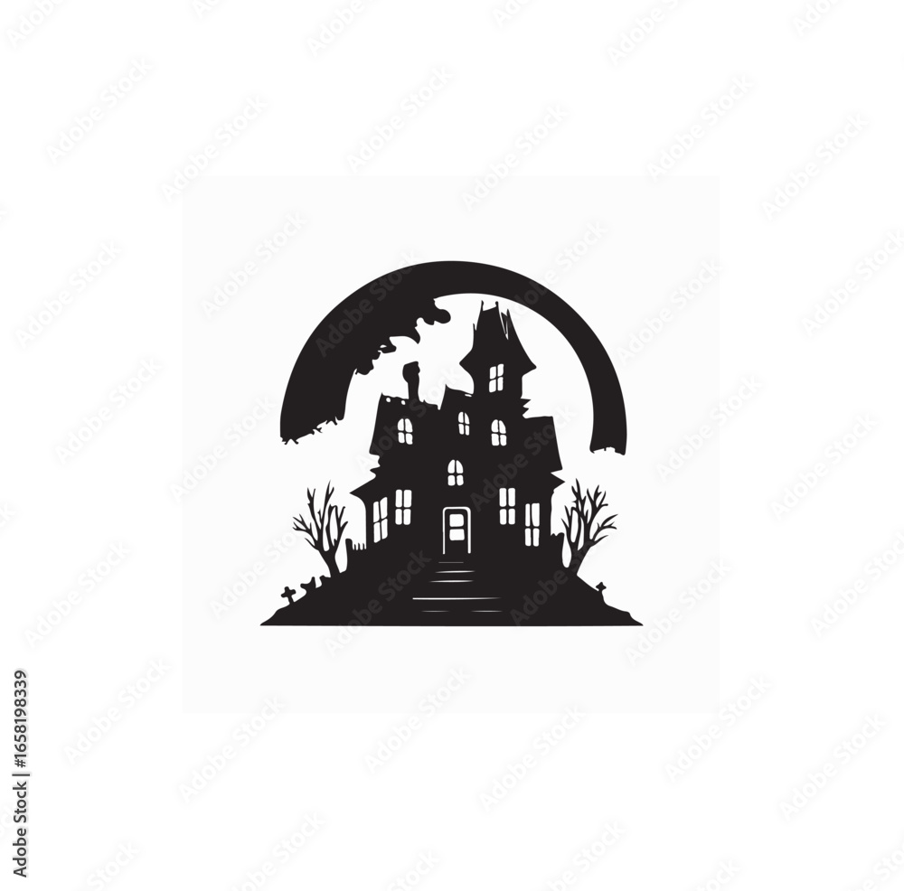 Obraz premium Vector silhouette of a spooky haunted house with scary details
