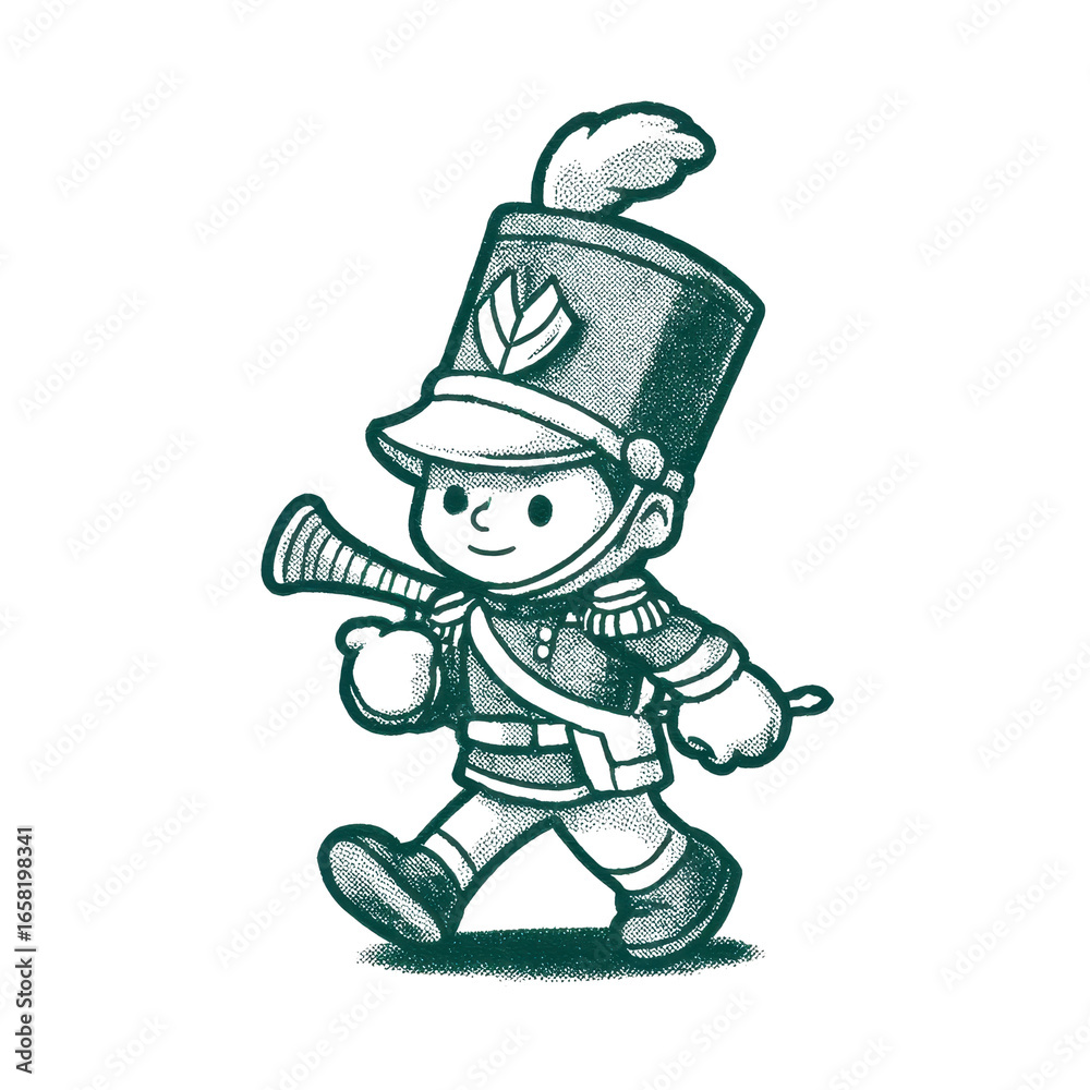 Fototapeta premium Cartoon marching band musician with a bugle and feathered hat depicted in profile