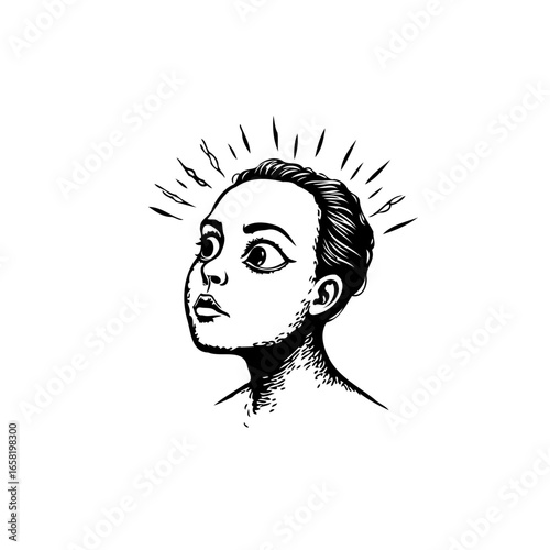 Intrigued gaze of a woman with expressive eyes and radiating lines surrounding head design illustration