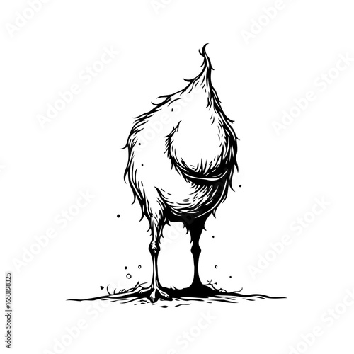 Monochrome vector drawing presents an unusual bird character standing tall in a surreal depiction of wildlife