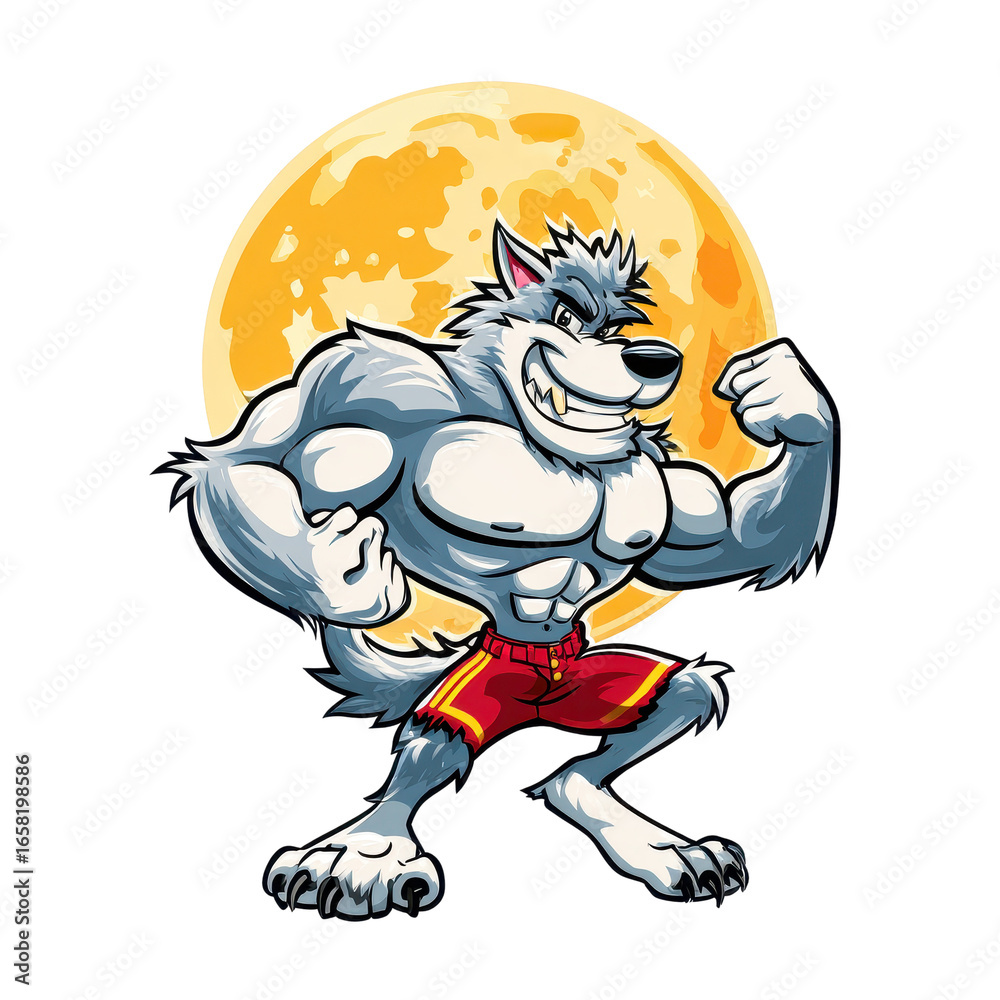 Fototapeta premium Muscular cartoon werewolf flexing biceps in front of a full moon muscle