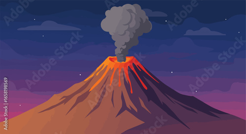 Cartoon of volcano erupting at night, with stars in background. For illustrations