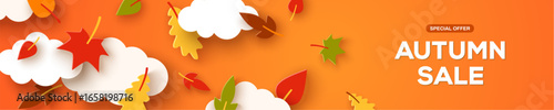 Autumn sale orange banner border. Fall background, 3d paper cut clouds and leaves. Shopping sale frame design, promo poster. Vector illustration. Origami layout template. Place for text. Season ad