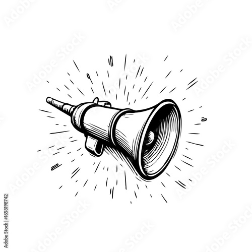 Hand drawn megaphone icon illustration with sunburst effect for news announcement design and promotion
