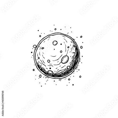 Detailed drawing of a celestial body showcasing craters and a textured surface within a starry cosmos