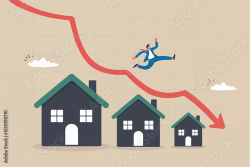 Businessperson bravely jumps over plummeting arrow symbolizing housing market crash and economic downturn