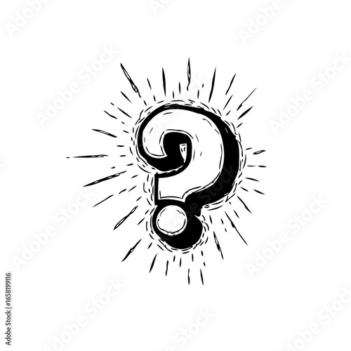 Doodle style question mark with radiant lines emanating conveying uncertainty, inquiries, and creative thinking about solutions and answers