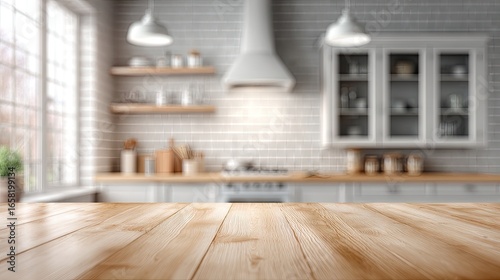 Wooden table top in front of a blurred kitchen.