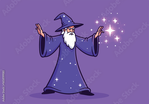 Wizard casts star spells on violet backdrop. For children's book illustration use