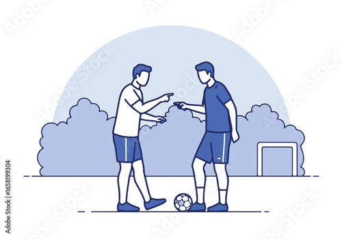 Two people planning soccer game tactics near the goalpost with bushes behind