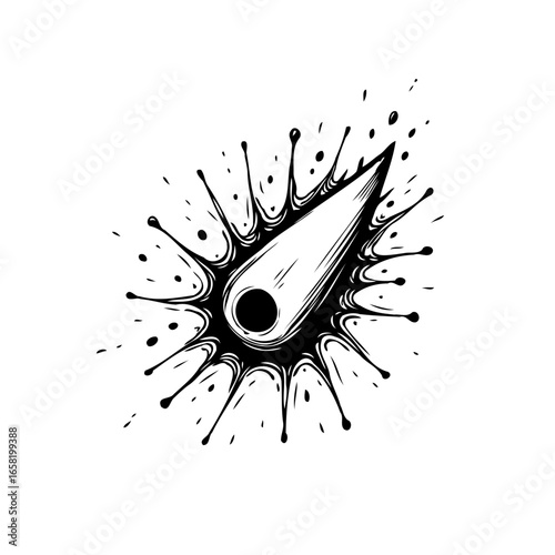 Monochrome cosmic comet illustration art showcasing outer space and celestial body vector with radiating splash