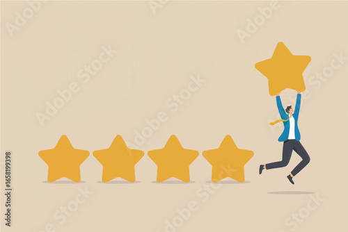 Man in suit completes five star rating system with golden star celebrating customer satisfaction and service excellence