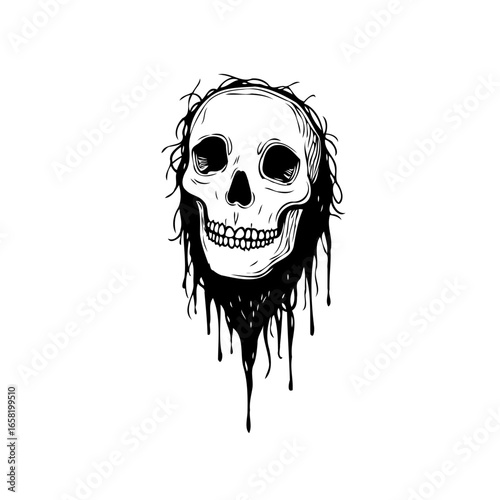 Creepy skull with dripping black matter creating a gothic horror vector illustration design idea