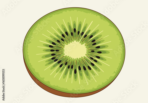 Isolated kiwi slice with seeds on off-white, illustrative. Can be used in design