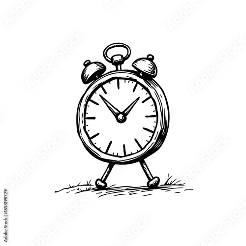 Classic alarm clock illustration: a detailed black and white sketch of punctuality reminder and schedules