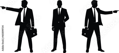 Silhouettes of business professionals pointing in opposite directions, symbolizing leadership, decision-making, teamwork, strategy, corporate roles, and business dynamics.