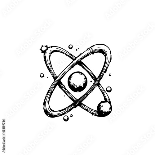 Hand drawn atom model design, conceptual physics illustration, atomic structure and subatomic particles scientific research exploration