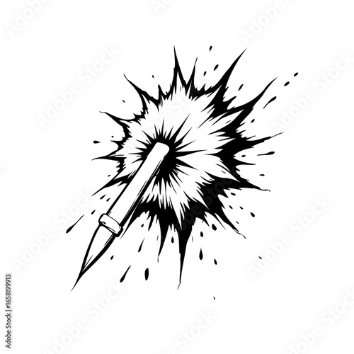 Stylized weapon impact art illustration featuring a fast flying projectile with an explosive burst effect and dynamic lines