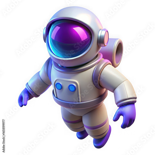 3d rendered astronaut floating in deep space with reflective purple visor and detailed suit transparent background