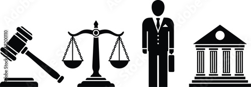 Law and Justice Icon Set Featuring Gavel, Balanced Scale, Legal Professional, and Courthouse — Black and White Vector Symbols Representing Judiciary, Fairness, Legal Practice, and Institutional Author