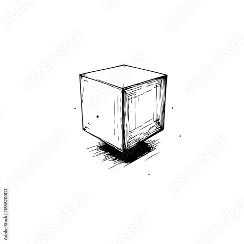 Isolated cubic figure outline vector illustration ink drawing with shading and perspective in empty space ideal