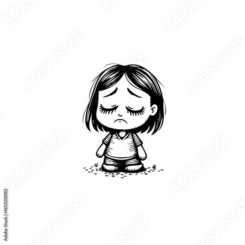 Sad little girl with bob haircut: an illustration of childhood sadness and loneliness emotions