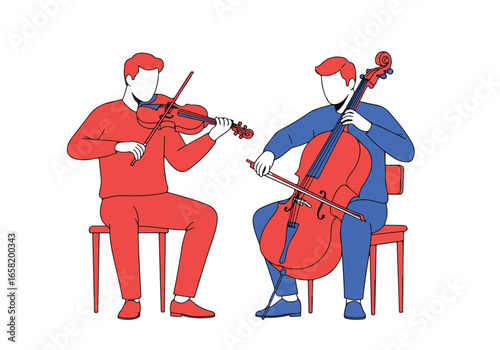 Duo play violin and cello on stage with white backdrop for sheet music use