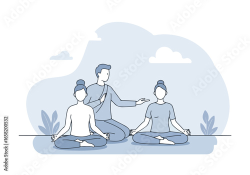 Trainer guides women doing yoga, meditating outdoors with plants and cloudy sky