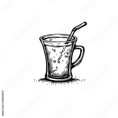 Elegant glass cup containing a beverage and straw illustration for refreshing drinking enjoyment with sketch style