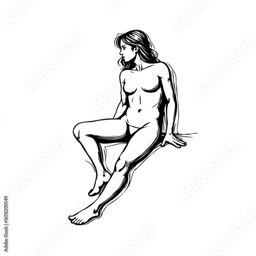 Seated nude female figure line art showcasing anatomical study and artistic expression with flowing hair