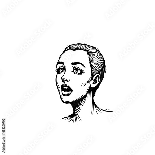 Astonished woman with open mouth in black and white sketch expressing surprise portrait