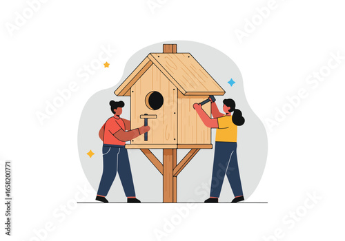 People building birdhouse, using hammers, in neutral space, stars & potential DIY use