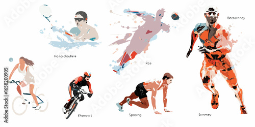 Collection of athletes in various sports with abstract watercolor painting style
