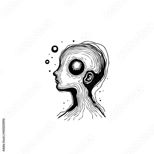Contrasting line art showcases an androgynous alien head portrait with hollow eye socket and neck texture