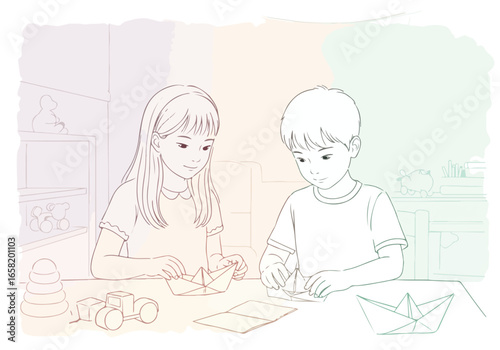Kids folding origami in a bright room filled with toys. Art therapy, illustration