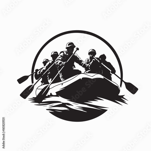 Vector silhouette of group white water rafting adventure with paddle