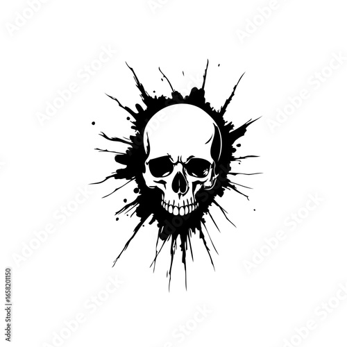 A captivating skull illustration with an intense burst of dark energy surrounding it, creating a striking design