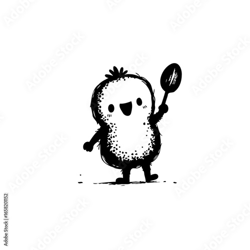 Whimsical cartoon bean character wielding a spoon perfect for children's illustration and playful designs