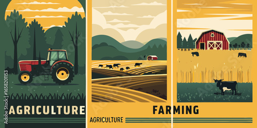 Agriculture and Farming Posters with Tractor Cows Barn and Fields Illustration