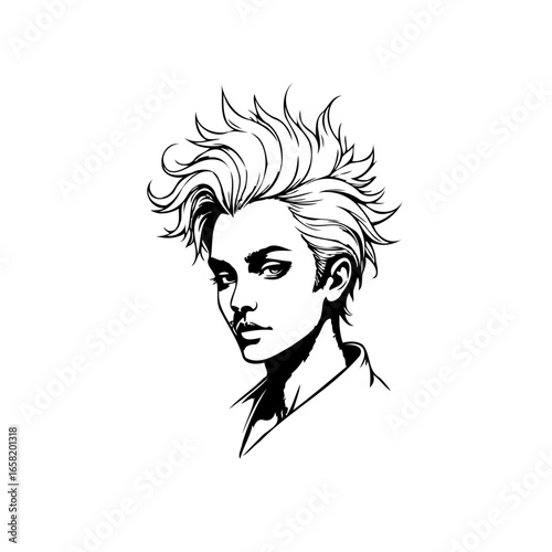 Line art illustration of a woman with spiky hair conveying boldness and individuality on white backdrop