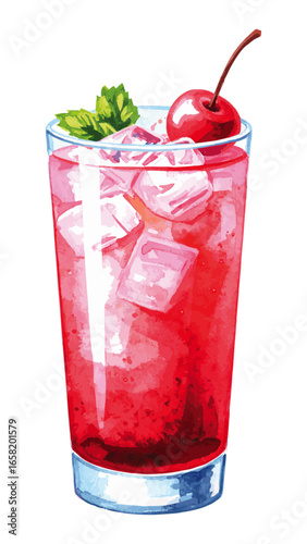 Watercolor Illustration of Dirty Shirley Cocktail with Cherries and Ice