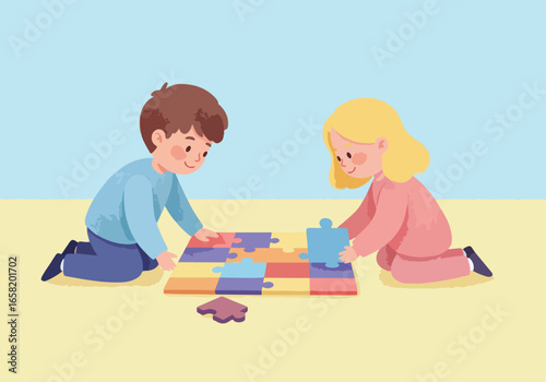 Two kids solve a puzzle, seated on the floor against a blue background. Use education