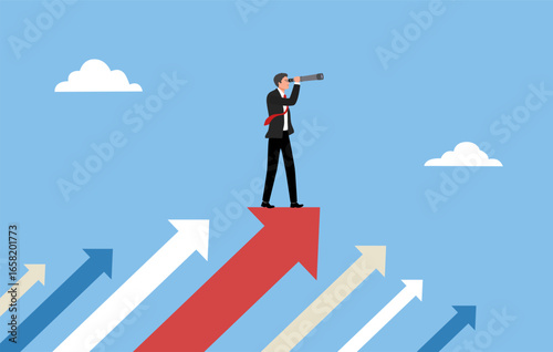 Search for opportunity, business vision, success direction or finding new employee, career future, secret discovery or research concept, businessman look through telescope or binoculars
