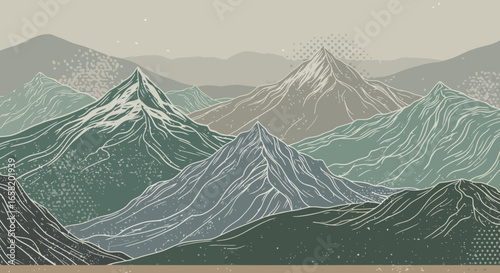 Scenic mountain range illustration with vintage texture and muted color palette